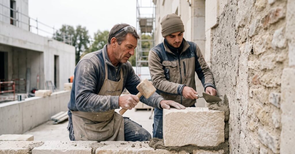 Artisan maçon professionnel au travail sur un chantier de construction, représentant les artisans maçonnerie fiables