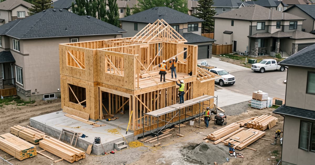 Construction maison autour de moi – chantier résidentiel moderne avec ouvriers et matériaux de construction