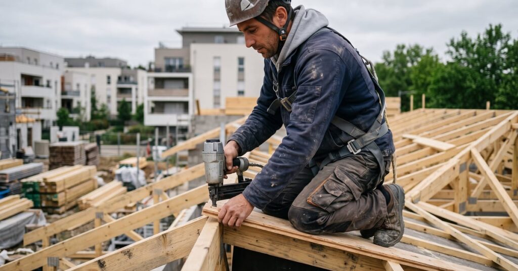 Couvreur charpentier au travail sur une toiture en bois, illustrant le métier de couvreur charpente
