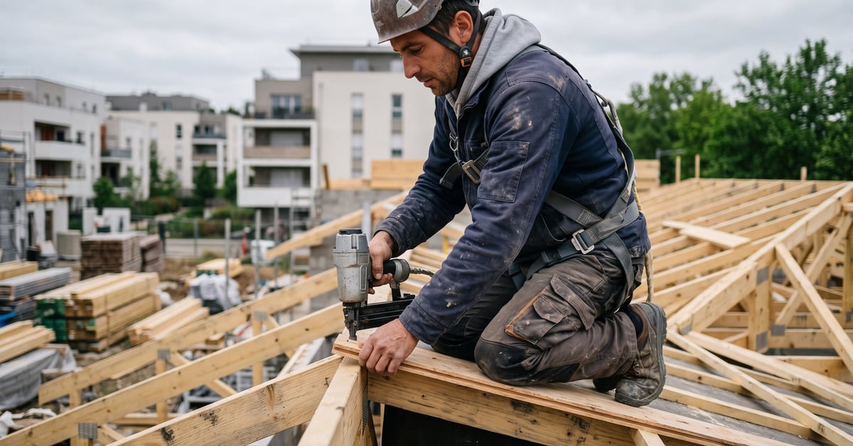 Couvreur charpentier au travail sur une toiture en bois, illustrant le métier de couvreur charpente