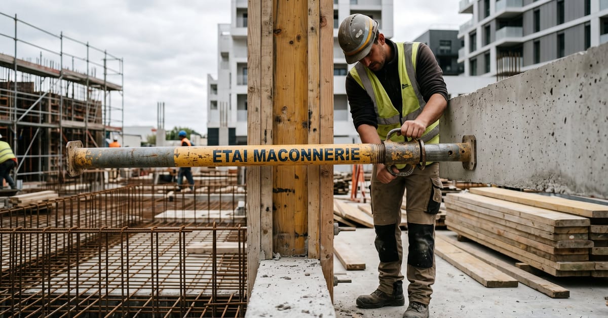 Étai de maçonnerie positionné contre un mur en briques pour soutenir une structure en cours de travaux