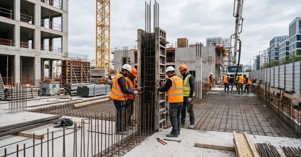 Chantier de gros œuvre avec fondations et murs porteurs en béton en cours de construction