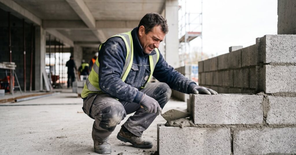 Maçon au travail sur un chantier de construction, illustrant les salaires en maçonnerie