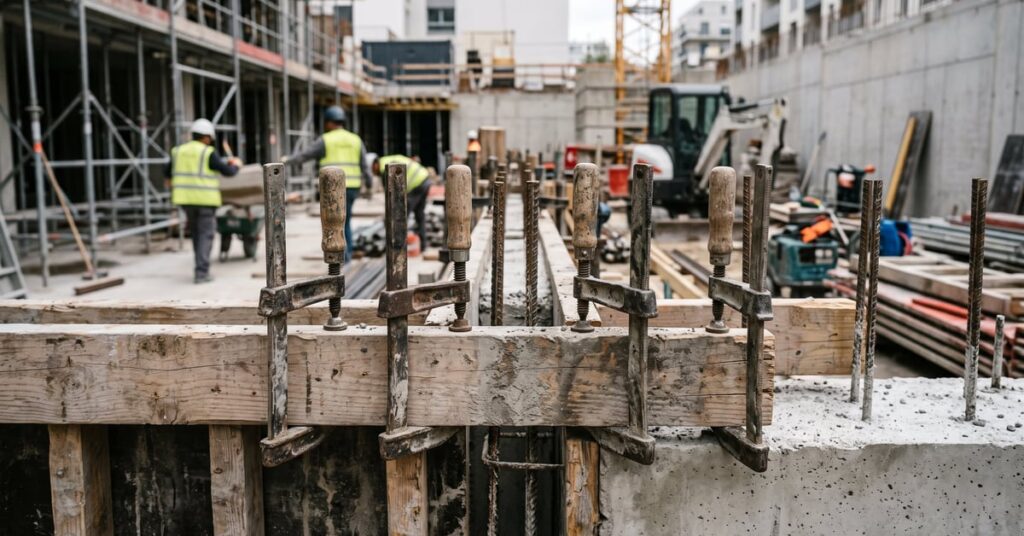 Serre-joints de maçonnerie professionnels utilisés sur un chantier de construction