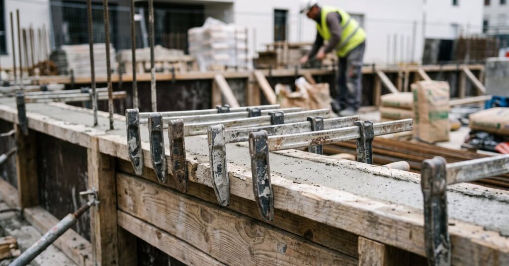 Serre-joints de maçonnerie utilisés pour maintenir des briques lors de travaux de construction