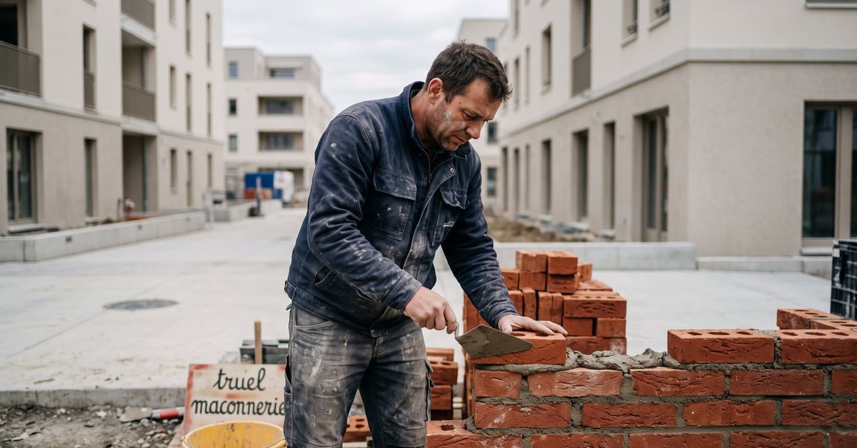 Truel de maçonnerie posé sur un fond de chantier, outil professionnel pour travaux de maçonnerie