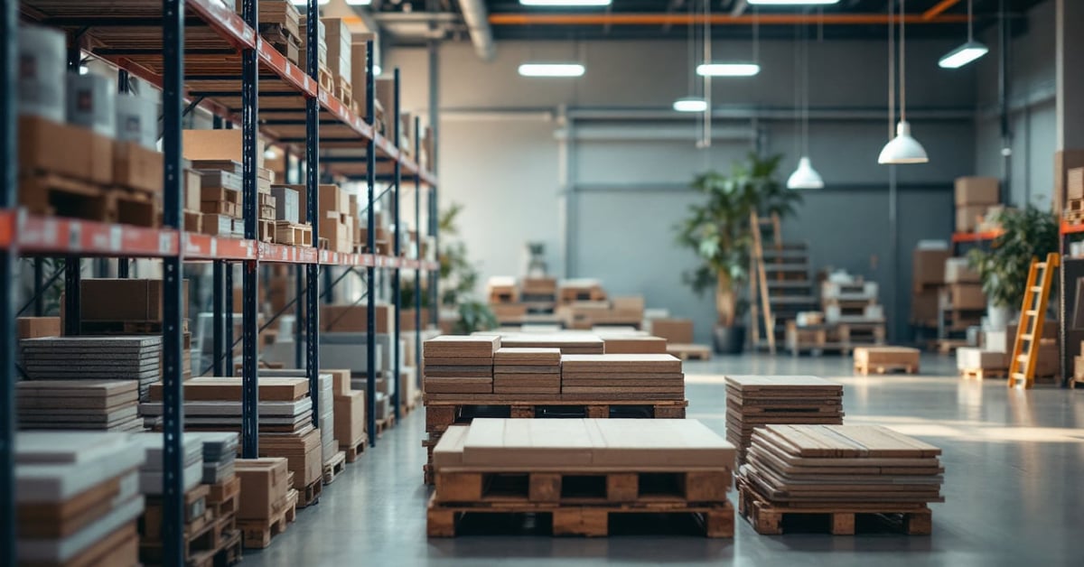 Matériaux de construction en déstockage entassés dans un entrepôt industriel moderne