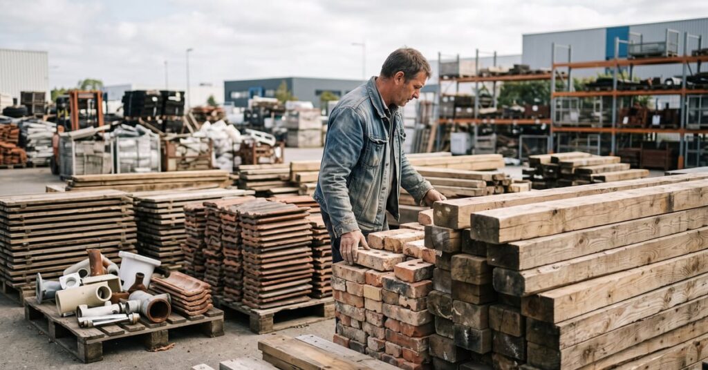 Matériaux de construction d'occasion empilés sur un chantier, briques et planches recyclées prêtes à l'emploi