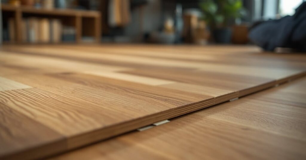 Outils pour poser un parquet flottant : maillet, tire-lame, cales et scie sur surface en bois