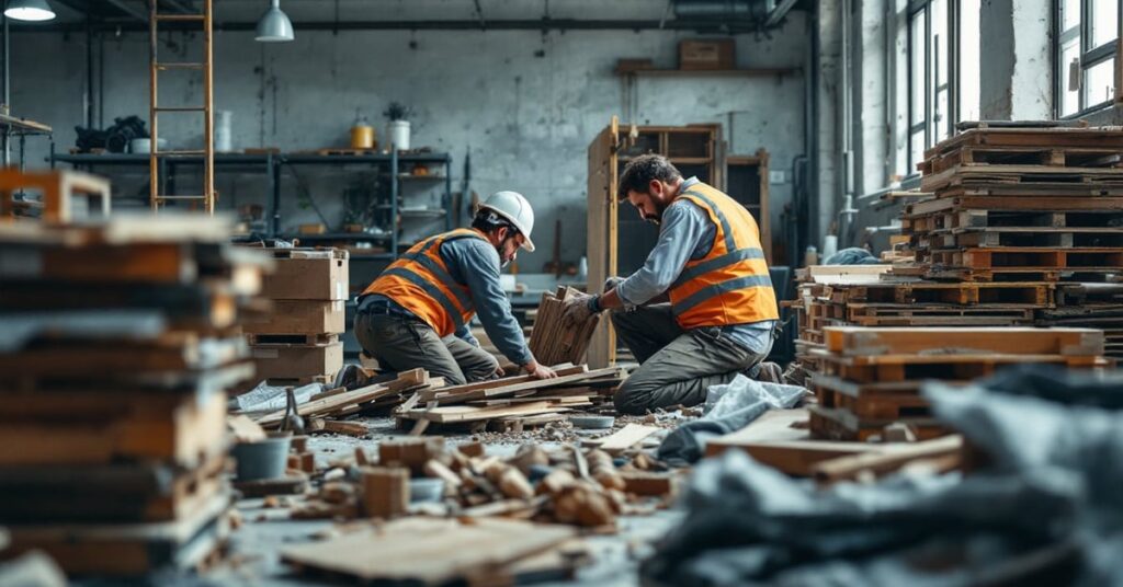 Récupération de matériaux de construction : briques, planches et éléments réutilisables triés sur un chantier