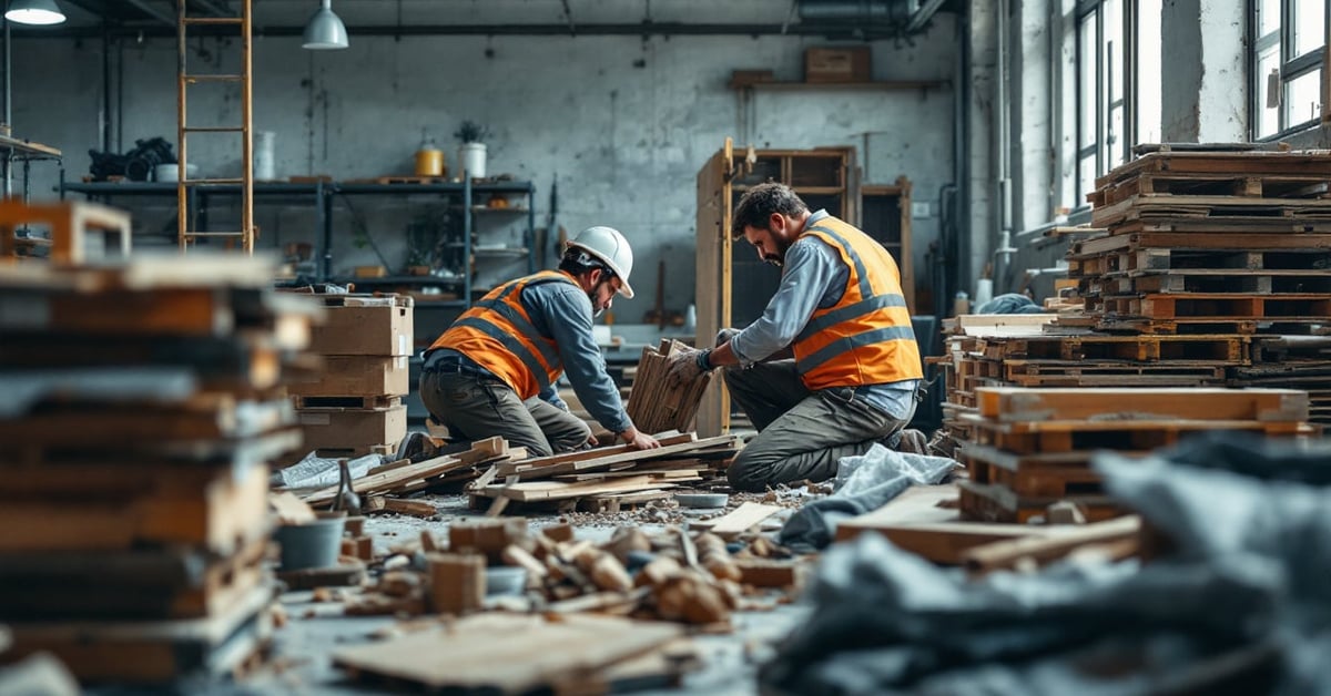 Récupération de matériaux de construction : briques, planches et éléments réutilisables triés sur un chantier